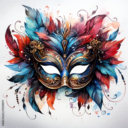 Vibrant and colorful Venetian carnival mask with feathers