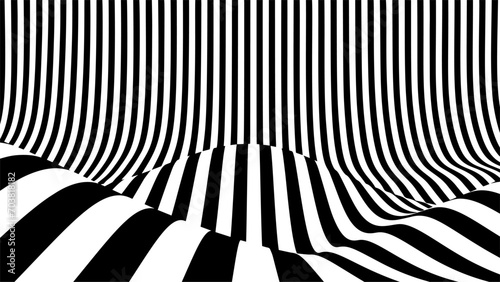 Optical illusion op art wavy background with black and white stripes texture.