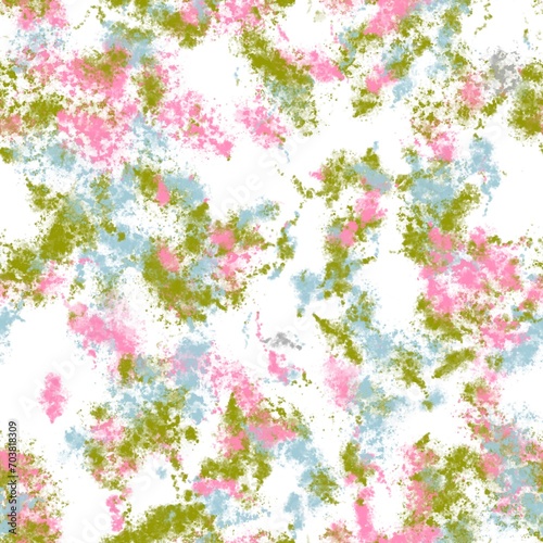 Paint splashes with dotted texture. Pink rose, pea green and cloudy blue colors on the white background. Seamless pattern