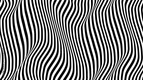 Optical illusion op art wavy background with black and white stripes texture.