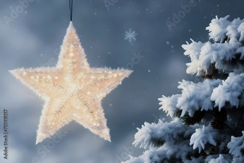 Big star and christmas tree in white snowy landscape Lighted isolated , greeting card banner concept with copy space for december holiday season, christmas background.