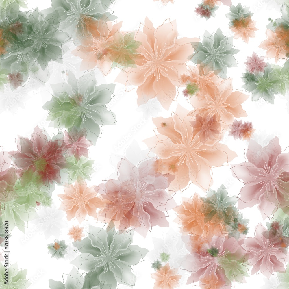 Desert sand, grey pink, grey olive and sanguine brown colored transparent flowers on the white background. Seamless pattern. Pattern for wrapping, textile, print
