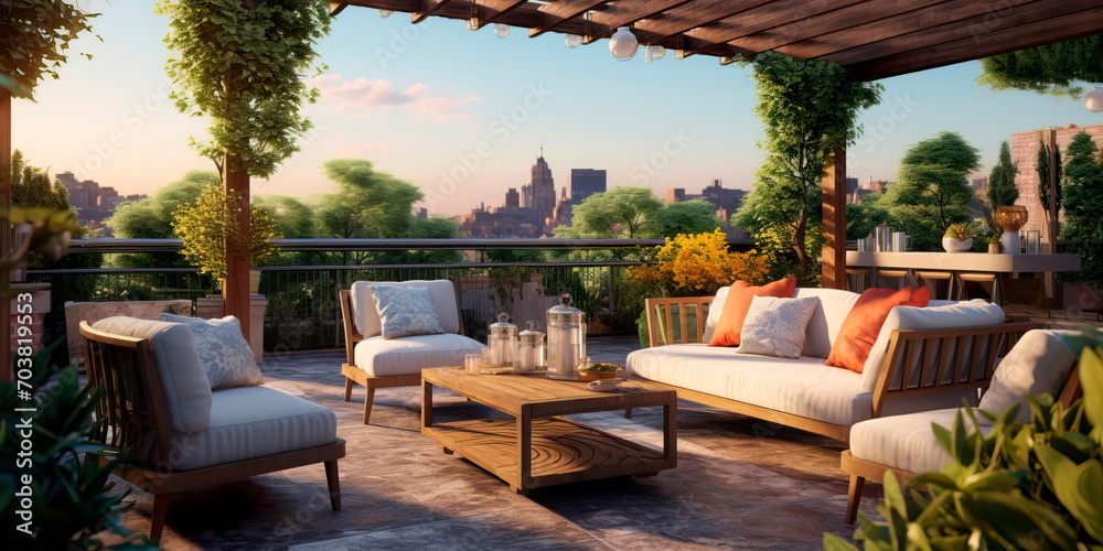 Fototapeta premium inviting outdoor lounge area with comfortable armchairs, patterned cushions, and a pergola overhead. Generative AI