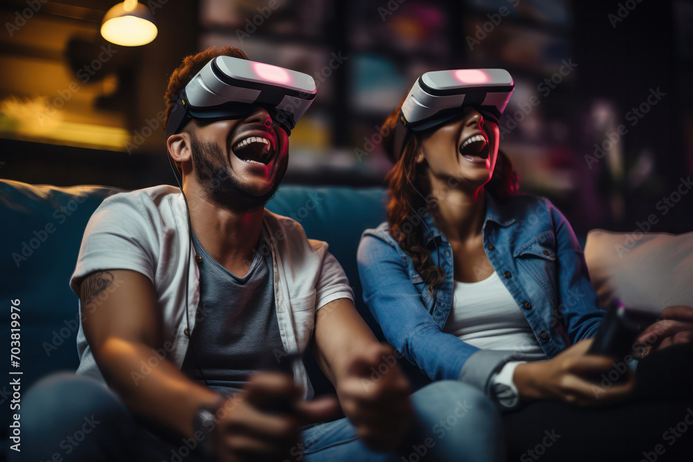 Virtual Fun Zone, Happy Friends Engage in Video Games, Immersed in Virtual Reality. Virtual Fun Zone, Happy Friends Engage in Video Games, Immersed in Virtual Reality.