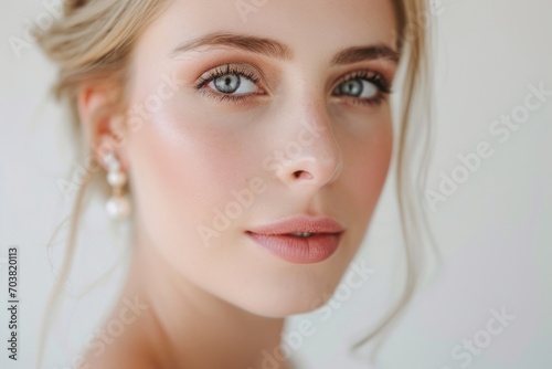 Portrait of a bride on her wedding day. Natural makeup with pearl earrings	 photo
