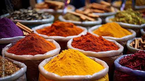 Close up different piles of colorful spices easte