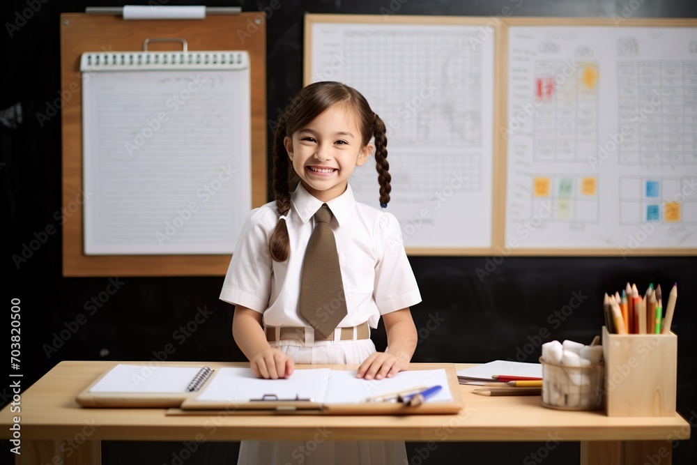 little girl smile in uniform dress study in school classroom,whiteboard, ivory wall, wood table, photography, commercial lighting little girl smile in uniform dress study in school classroom,whiteboard, ivory wall, wood table, photography, commercial lighting