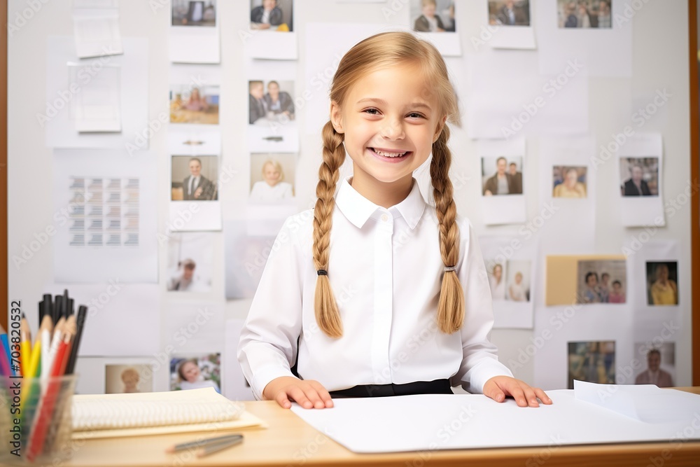little girl smile in uniform dress study in school classroom,whiteboard, ivory wall, wood table, photography, commercial lighting little girl smile in uniform dress study in school classroom,whiteboard, ivory wall, wood table, photography, commercial lighting