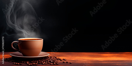 Cup of hot coffee on dark wooden table over black background photo