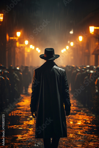 silhouette of male detective in raincoat and hat on the street in the city at night in the rain. The cover of a detective thriller book