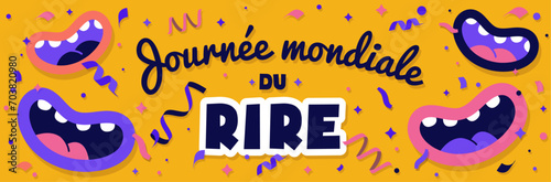 Journée mondiale du Rire - Bannière festive et colorée pour célébrer la fête du rire - Illustrations positives de sourires, bouches souriantes et cotillons - Fête, humour, joie, positivité - 5 mai