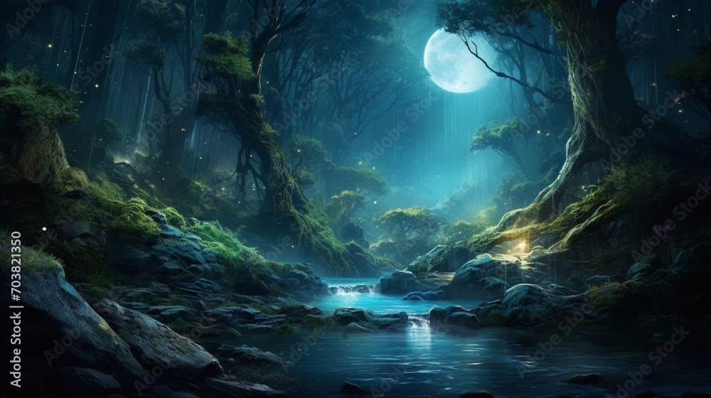 a scene highlighting the beauty of a magical forest glen illuminated by a full moon