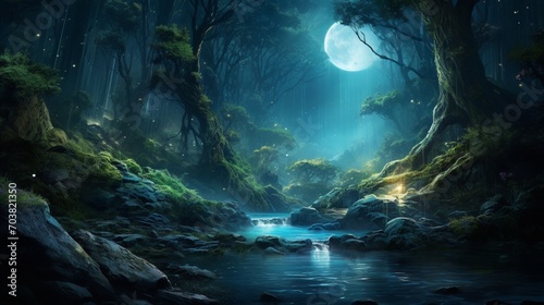 a scene highlighting the beauty of a magical forest glen illuminated by a full moon © Muhammad