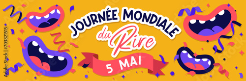 Journée mondiale du Rire - Bannière festive et colorée pour célébrer la fête du rire - Illustrations positives de sourires, bouches souriantes et cotillons - Fête, humour, joie, positivité - 5 mai