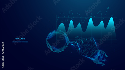 Illustration of the concepts of data analysis, financial analysis and business analysis. Magnifying glass abstract design, growing data in blue low poly style.