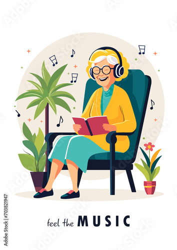 A modern positive grandmother sits in a chair, listens to music in a cozy home environment. Life style.