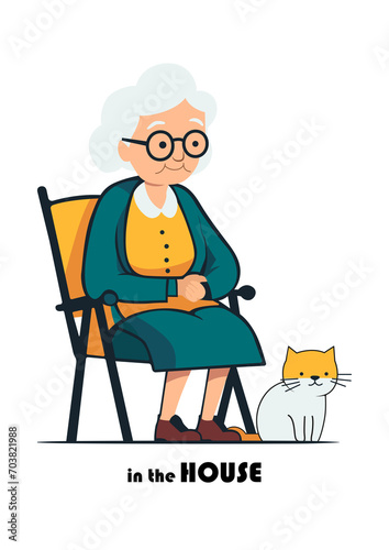 Grandmother is sitting on a chair. A kitten sits at her feet. Flat design style.