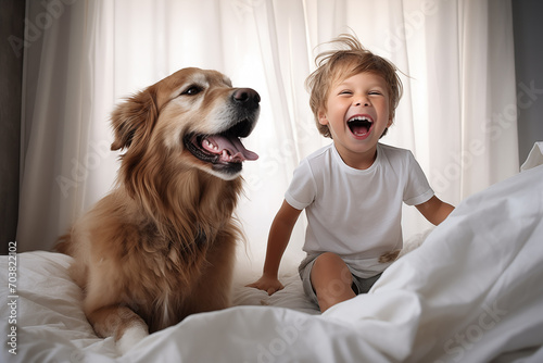 Wallpaper Mural A happy boy playing with his dog at home. Generative AI Torontodigital.ca