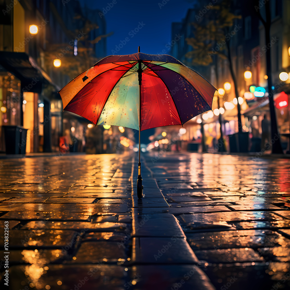 A colorful umbrella in a rainy city street.
