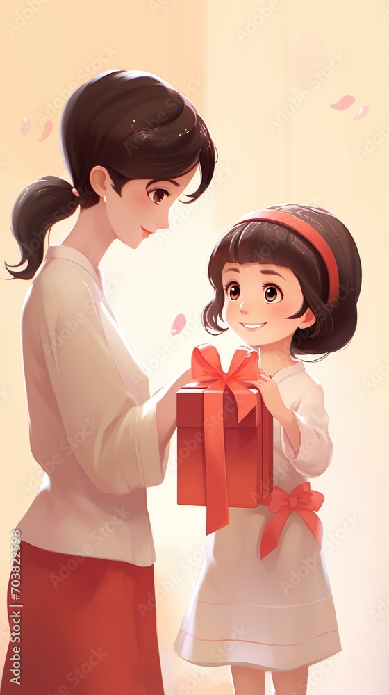 Happy Asian Girl Giving Her Mother gift box for Chinese New Year, clipart illustration. Generative Ai Happy Asian Girl Giving Her Mother gift box for Chinese New Year, clipart illustration. Generative Ai