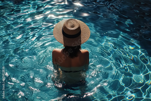 Summer vacation, back view of a slender young woman in a straw hat standing in water, relaxing outdoors