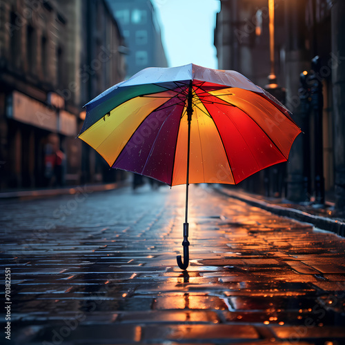 A colorful umbrella in a rainy city street.