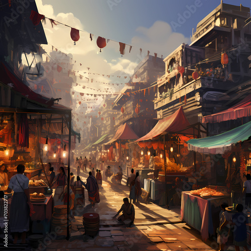 A crowded marketplace with vibrant stalls.