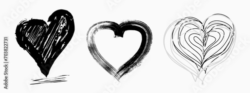 3 painted hearts, vector illustration, mock up, design template, with strokes and splashes