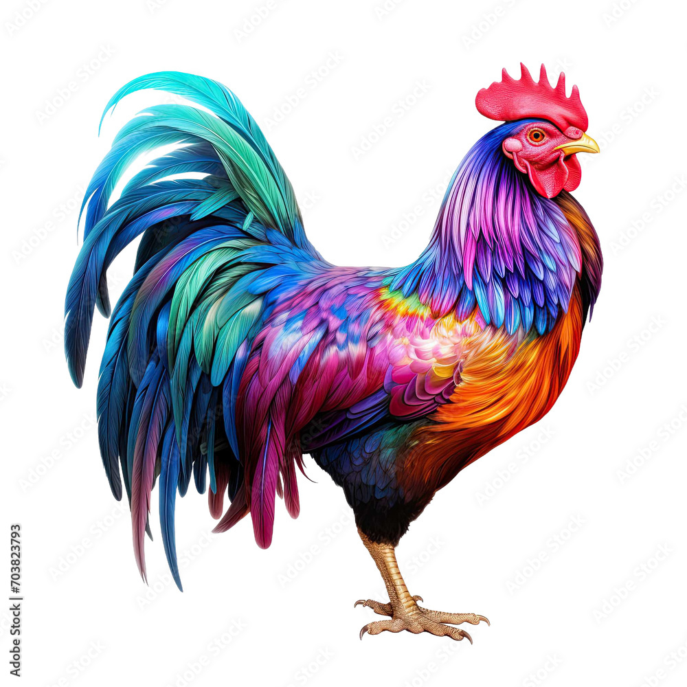 Artistically colored rooster on transparent background