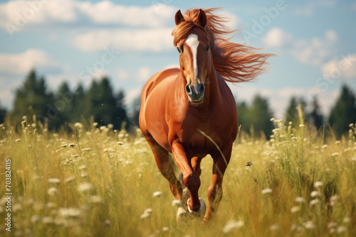 Long hair horse running in the flowers field