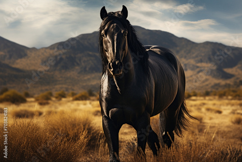 Black horse in the mountains field