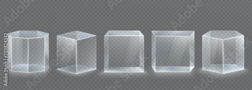 Glass transparent showcase podium for product demonstration. Empty square, cylindrical pedestal for goods.