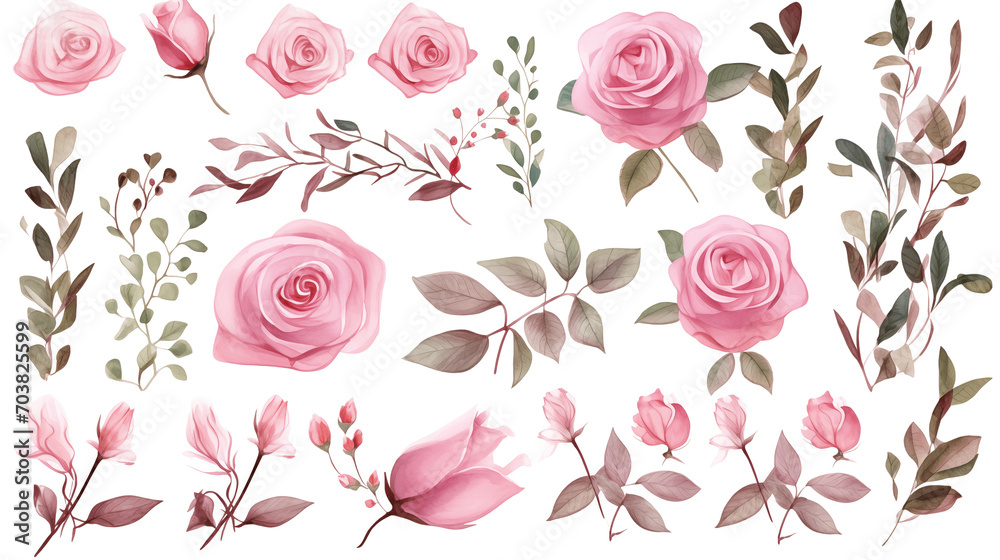 Watercolor elements pink roses on a white background
