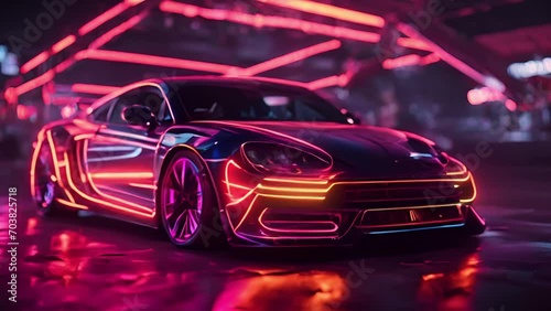 Futuristic sports car with neon lights on city street photo