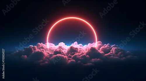 3d render, abstract cloud illuminated with neon light ring on dark night sky. Glowing geometric shape, round frame. ai generative.