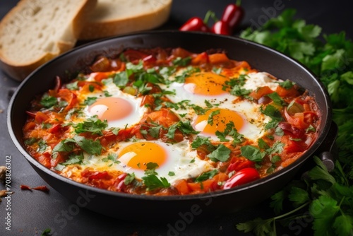 Homemade shakshuka fried eggs with onion, pepper, tomato and parsley in skillet on the black table