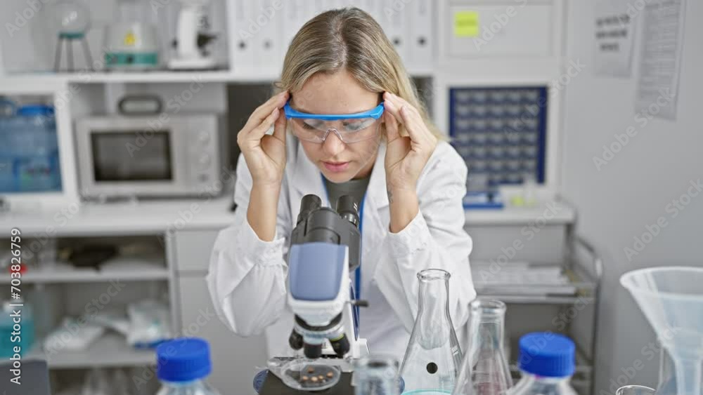 A focused scientist adjusts safety glasses while examining samples through a microscope in a laboratory setting. A focused scientist adjusts safety glasses while examining samples through a microscope in a laboratory setting.