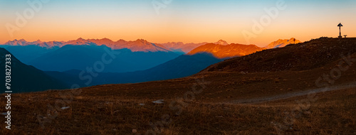 High resolution stitched alpine summer sunrise panorama at Mount Sechszeiger, Jerzens, Imst, Tyrol, Austria