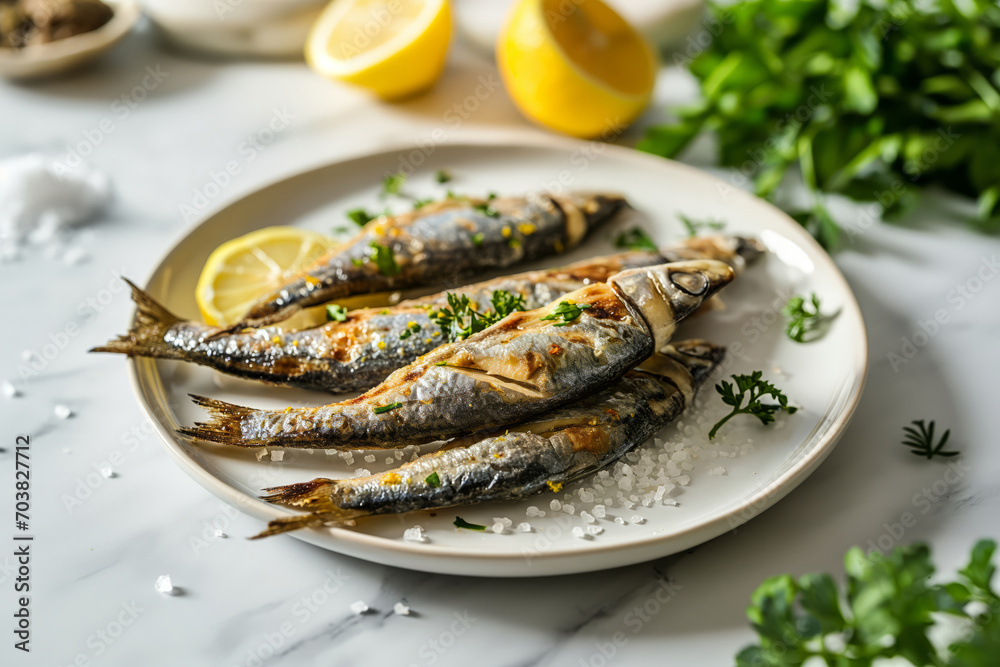 Sardines, lemon, greenery and salt on white plate on marble kitchen table. Mediterranean cuisine Sardines, lemon, greenery and salt on white plate on marble kitchen table. Mediterranean cuisine