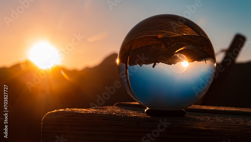 Fototapeta Naklejka Na Ścianę i Meble -  Crystal ball alpine summer sunrise shot at Mount Sechszeiger, Jerzens, Imst, Tyrol, Austria