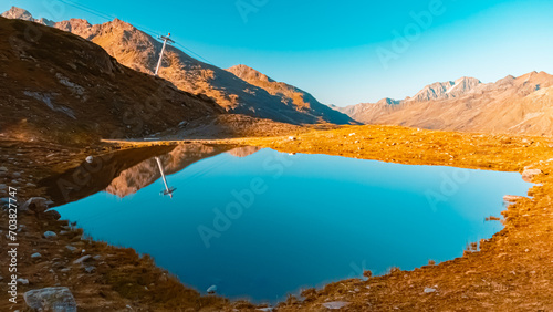 Alpine sunset or sundowner with reflections in a lake at the famous Kaunertal Glacier Road, Landeck, Tyrol, Austria