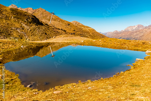 Alpine summer view with reflections at Lake Weisssee, Kaunertal Glacier Road, Landeck, Tyrol, Austria photo