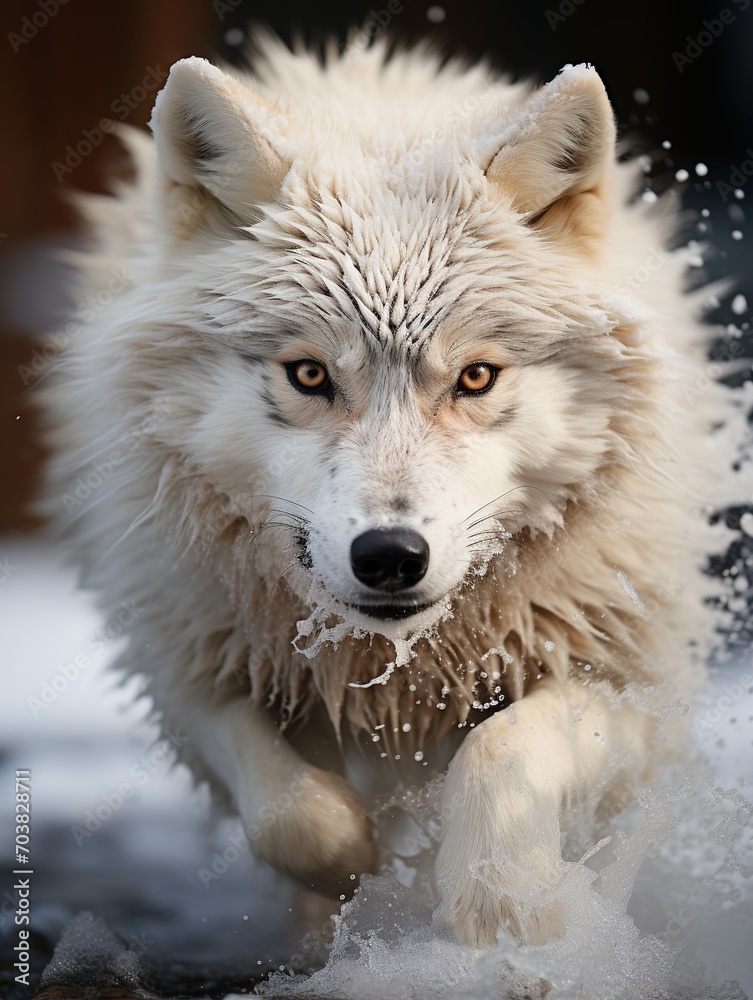 Obraz premium A white wolf running through the snow