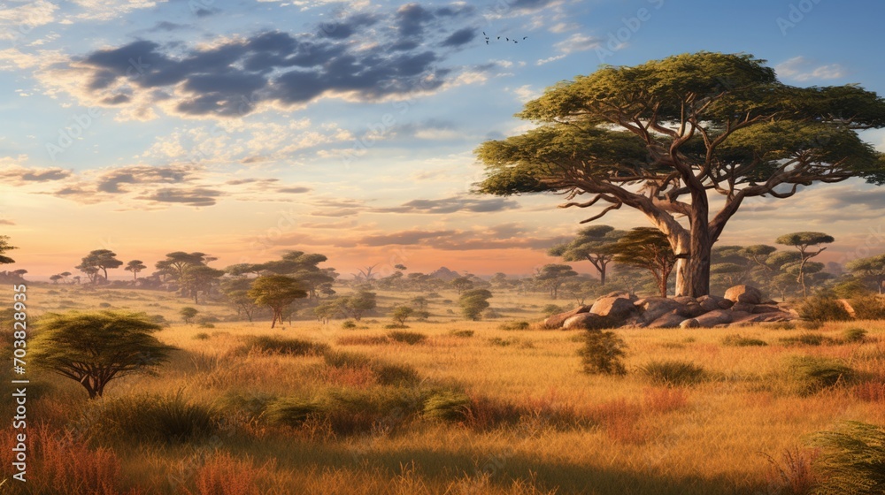 a scene highlighting the beauty of a vast savanna with scattered acacia trees