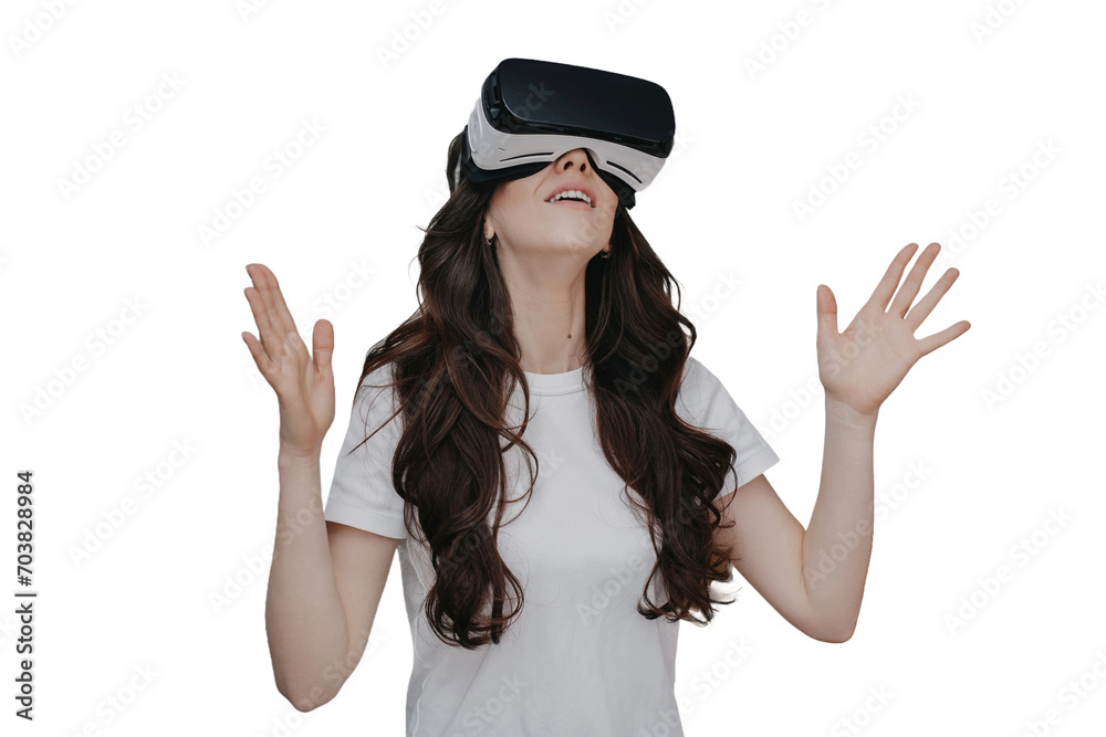 girl with wavy hair in white t-shirt using virtual headset against transparent background, playing at weekend. Young adult hispanic woman spending time with virtual reality glasses girl with wavy hair in white t-shirt using virtual headset against transparent background, playing at weekend. Young adult hispanic woman spending time with virtual reality glasses