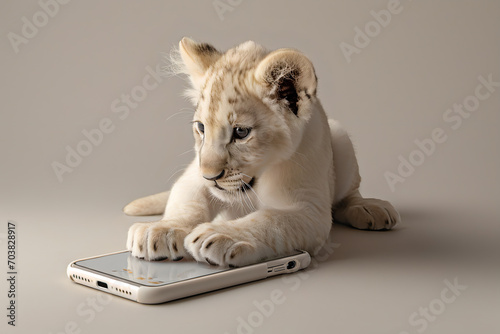 White Lion cub playing games on the Cell Phone photo