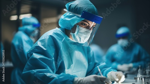 A female surgeon in protective gear is working on a patient in an operating room photo