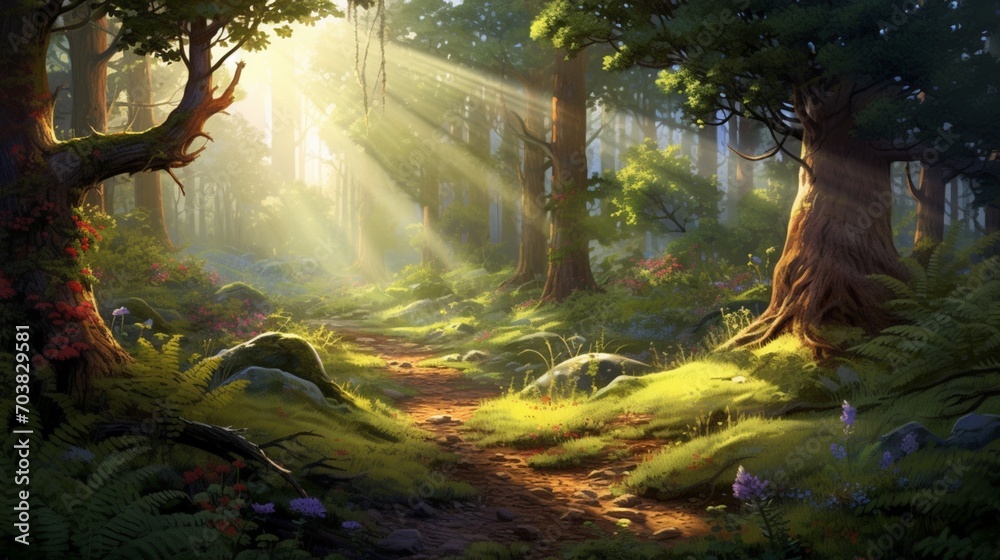 a scene highlighting the beauty of a forest clearing with vibrant patches of sunlight