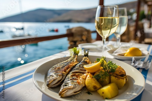 Grilled Sardines served in the restaurant at outdoor terrace with potatoes and glass of wine photo