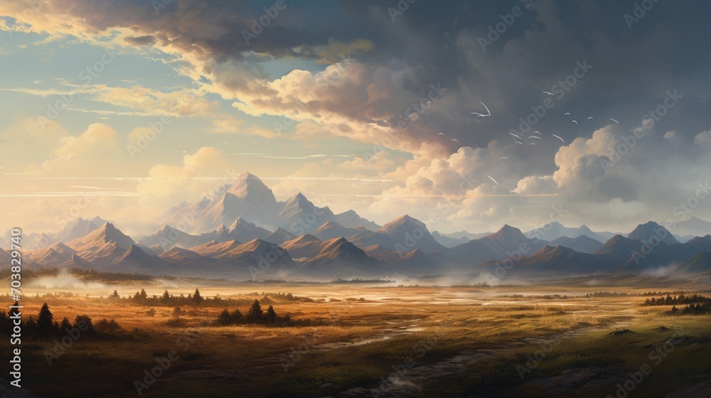 a scene highlighting the beauty of a rolling plain with distant mountain silhouettes